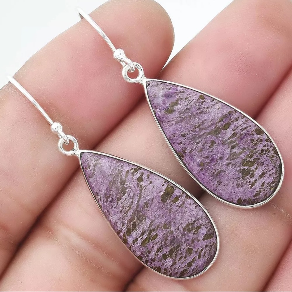 Natural purpurite sterling silver earrings - Picture 6 of 8